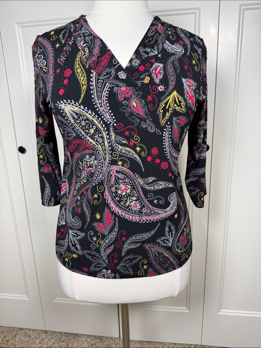 Allison Daley Black Paisley V-Neck Top with Pink & Yellow Accents